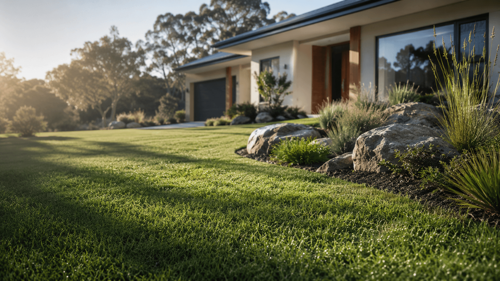 Premium instant lawn in golden morning light with modern Australian home and landscaped garden